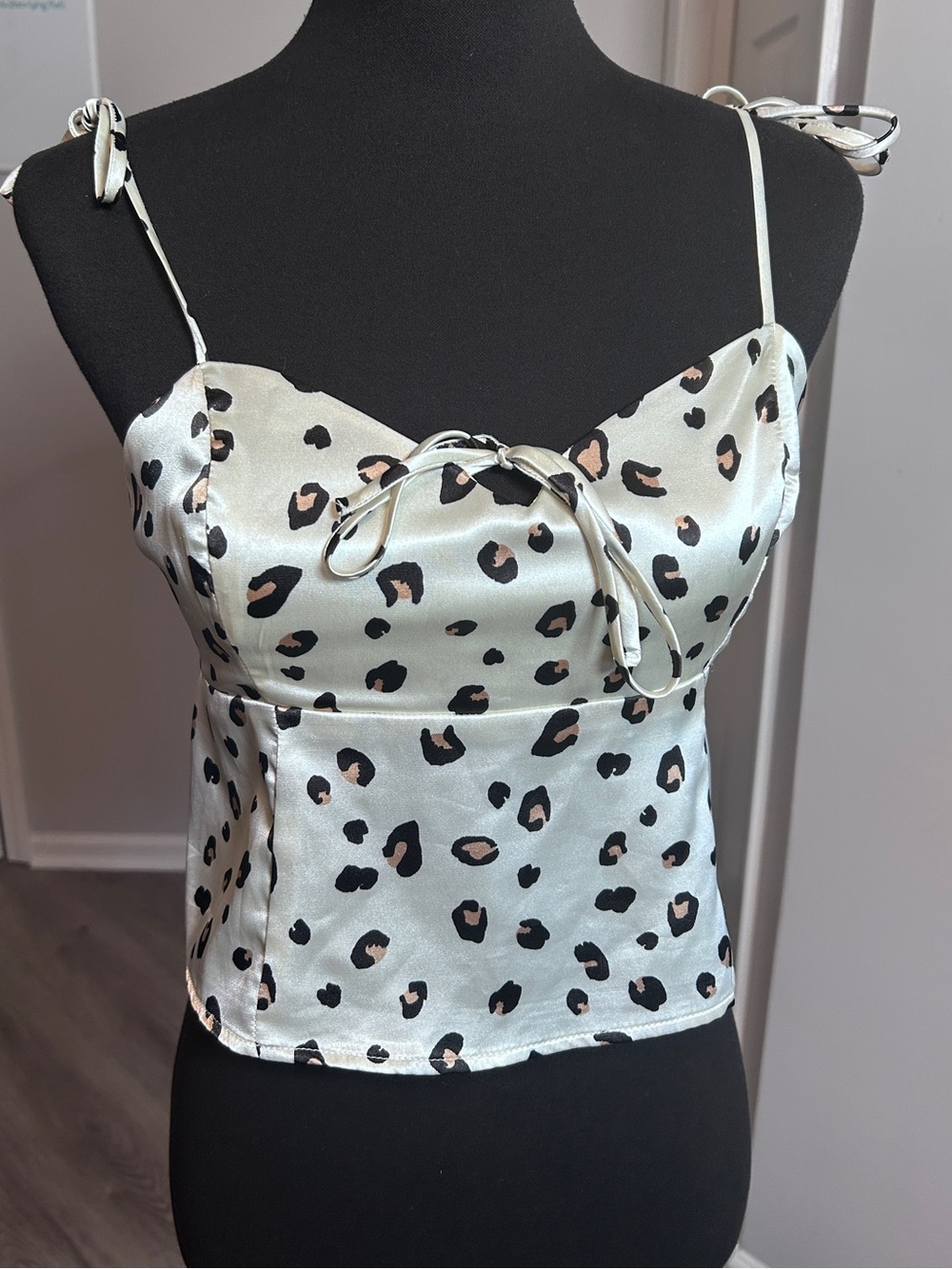 Leopard Print Satin Tie-Shoulder Cami Top - White/Black